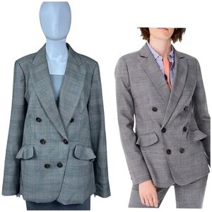 J. Crew Glen Plaid Ruffle Pocket Double Breasted Wool Blazer Grey Plaid Size 16